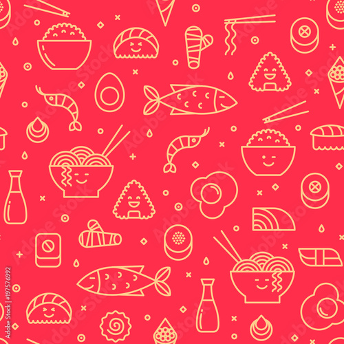Seamless pattern with icons of Japanese food Sushi, rice, rolls, fish and maki.. Red background. Smiling faces kawaij, line art.