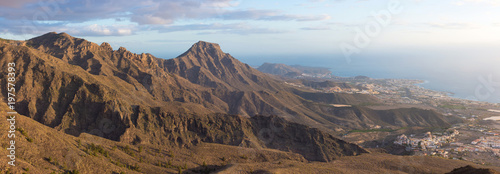 High resolution panorama of Tenerife mountain landscape. Adeje and Las Americas coastline in the background.