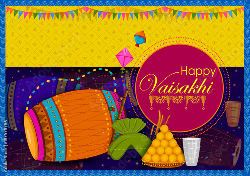 Happy Vaisakhi Punjabi religious holiday background for New Year festival of Punjab India