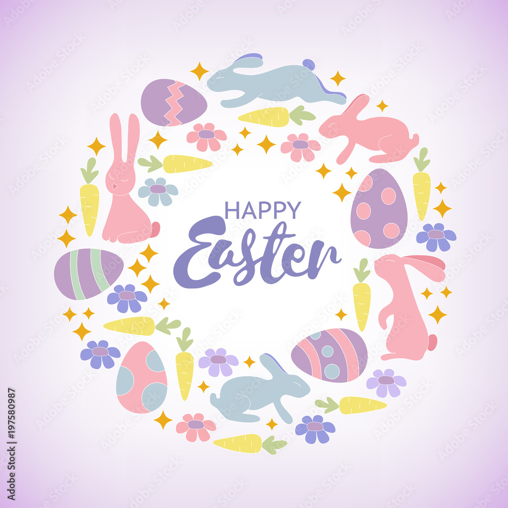 Easter card with cute bunnies, chickens and, owl and flowers in cartoon style Easter card with cute bunnies, chickens and, owl and flowers in cartoon style