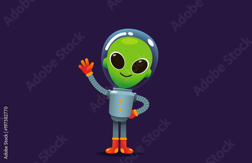 Vector alien character in space suit waving hand.