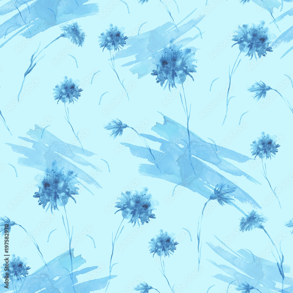 Watercolor vintage pattern. Seamless background with a pattern - flower cornflower. Beautiful splash of paint, art background for fabric, paper, textiles