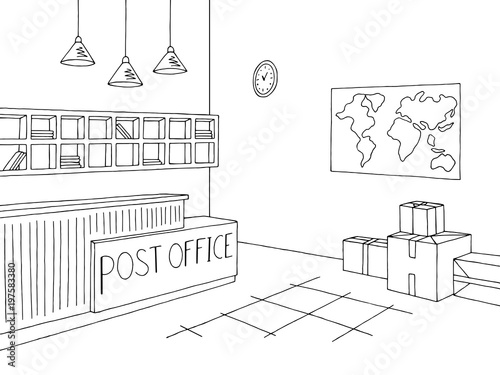 Post office graphic interior black white sketch illustration vector