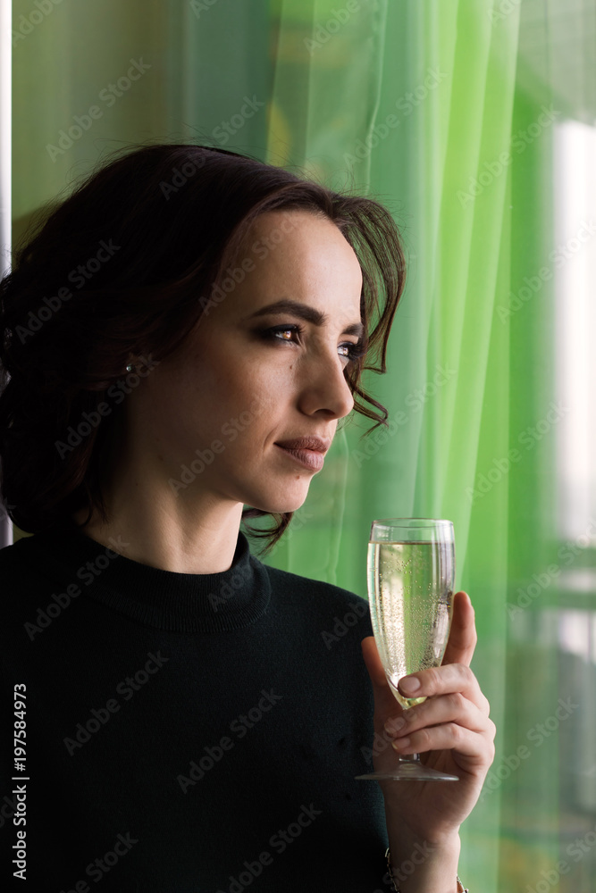 beautiful woman holding champagne glass green background beautiful woman holding champagne glass green background
