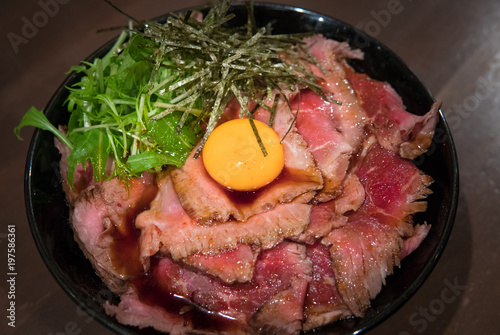  Japanese gyudon raw beef on a rice topping with raw egg, Osaka, Japan