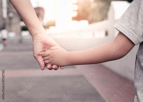 A parent holds the hand of a small boy in the sunset.