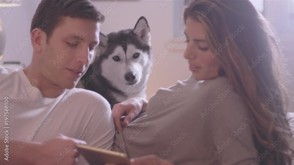 Young loving couple laying on there bed while their dog relaxes with them