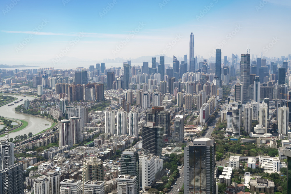 A bird's eye view of the urban architectural landscape and the urban skyline in Shenzhen