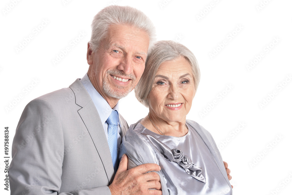 hugging senior couple on white background hugging senior couple on white background