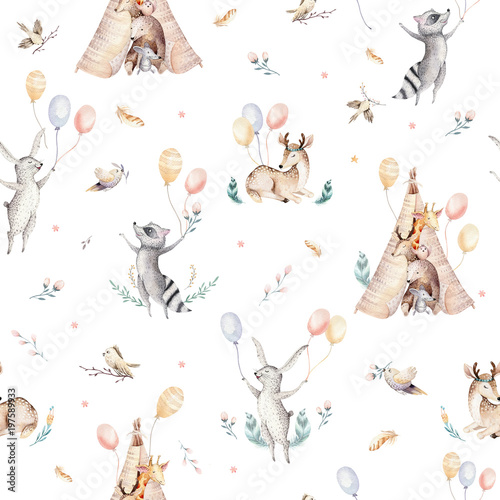 Cute family baby raccon  deer and bunny. animal nursery giraffe  and bear isolated illustration. Watercolor boho raccon drawing nursery seamless pattern. Kids background  nursery print