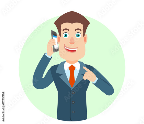 Businessman pointing his finger at the mobile phone that he talks