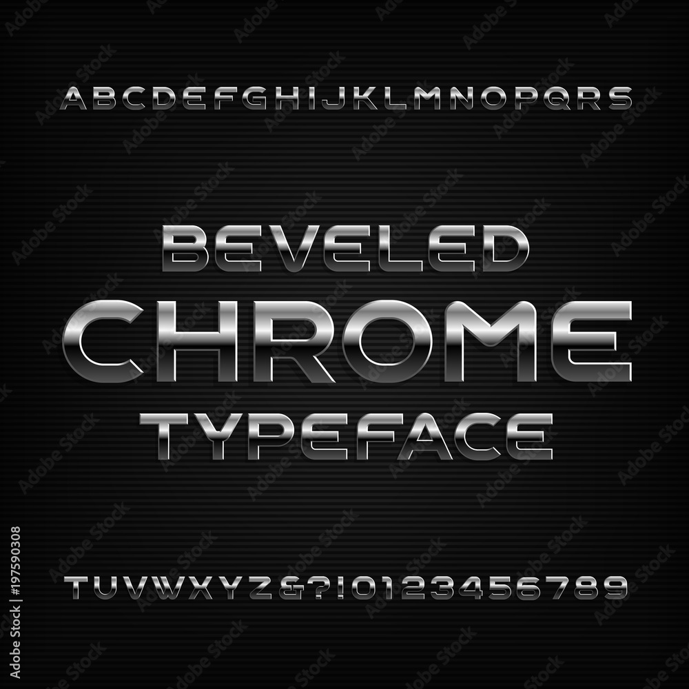 Chrome effect alphabet font. Metal beveled letters numbers and symbols. Stock vector typeface for any typography design.
