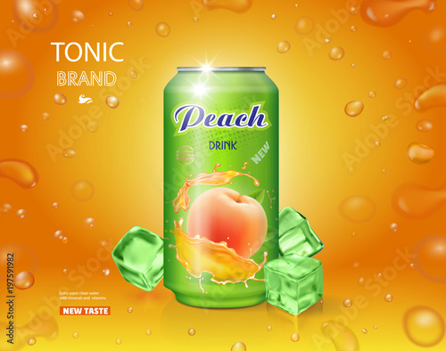 Peach juice can advertising. Realistic package design