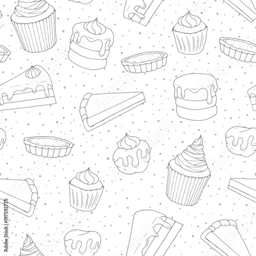 Hand drawn vector pastry seamless pattern with cakes  pies  muffins and eclairs covered with topping. Sweet bakery products contours in sketchy style on the dotted background.