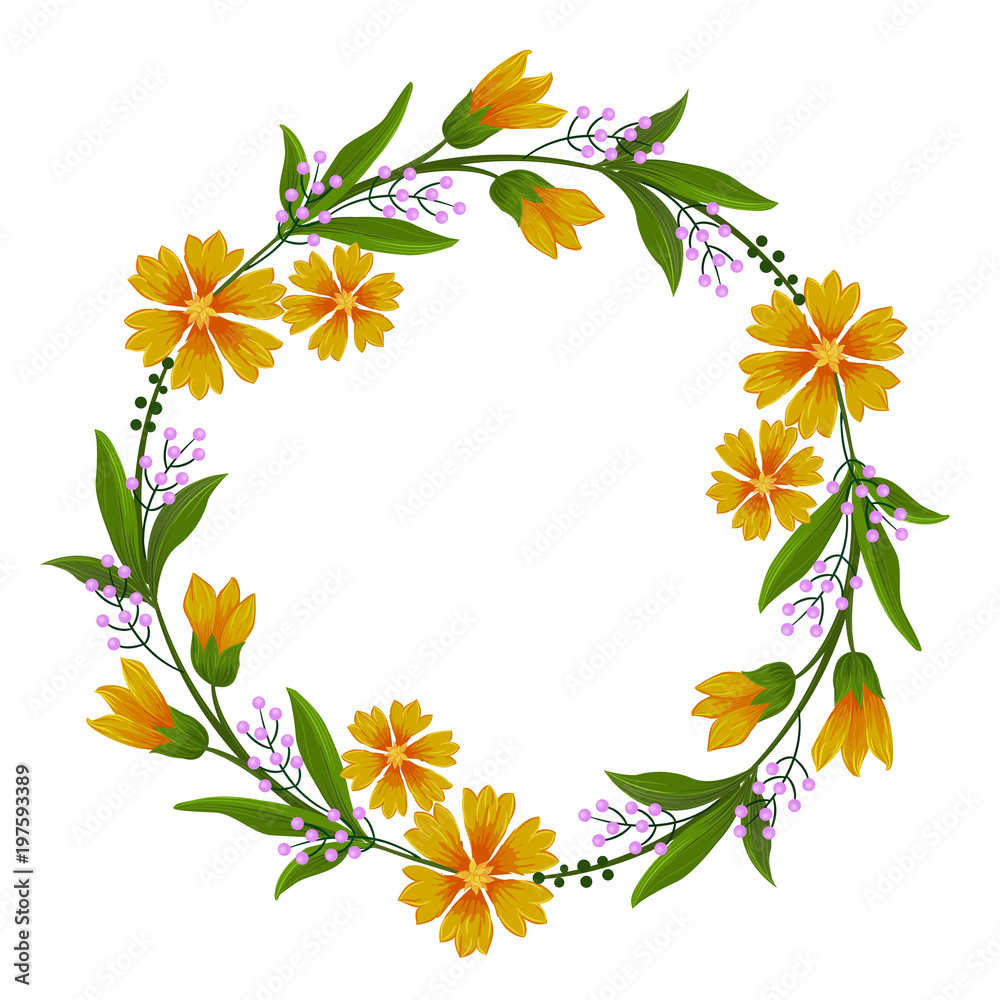 Beautiful wreath yellow flowers and leaf on white with space for text vector design.