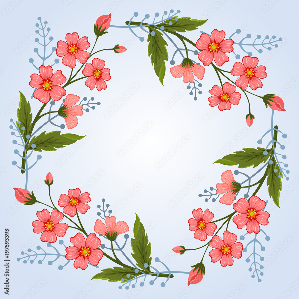 Beautiful wreath flowers and leaf on blue color with space for text vector design.