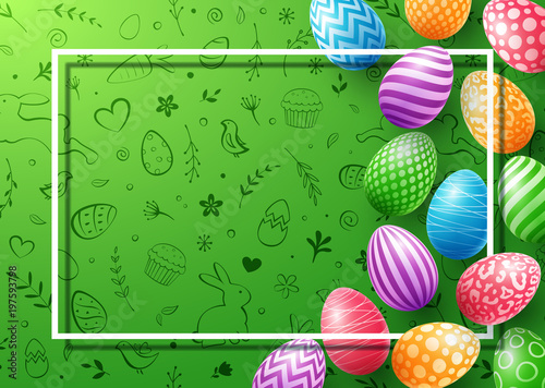 Collection of colorful eggs with frame empty for text on cute doodle background