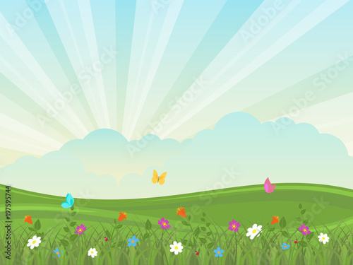 Spring and summer sunny landscape with flowers and butterflies. 