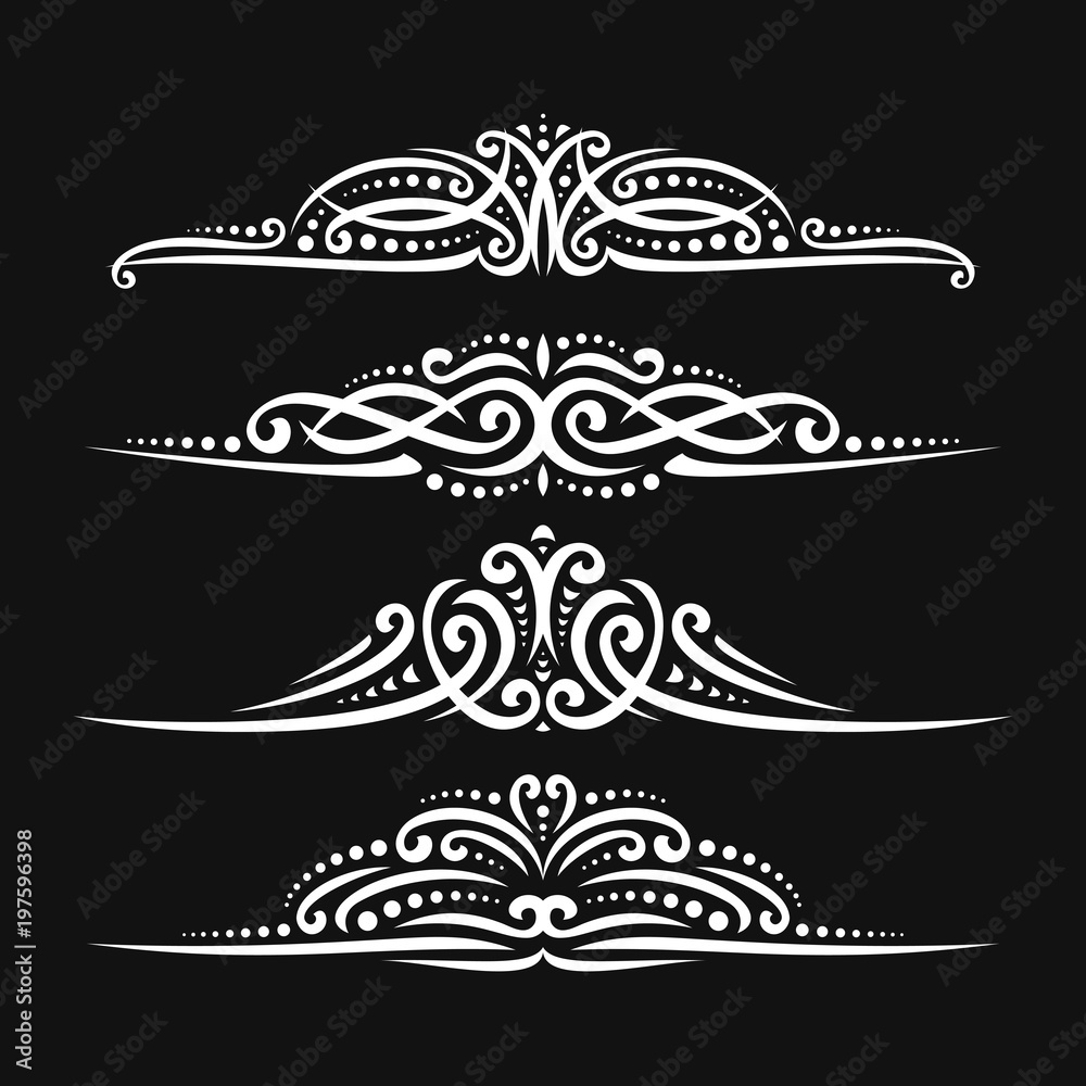 Vector set of white page dividers for greeting text, 4 filigree separators of indian style for wedding title, design elements for create border, ornate decorations with flourishes ornament on black.