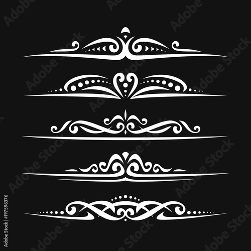 Vector set of white page dividers for greeting text, 5 simple separators of victorian style for wedding title, design elements for create border, ornate decorations with flourishes ornament on black