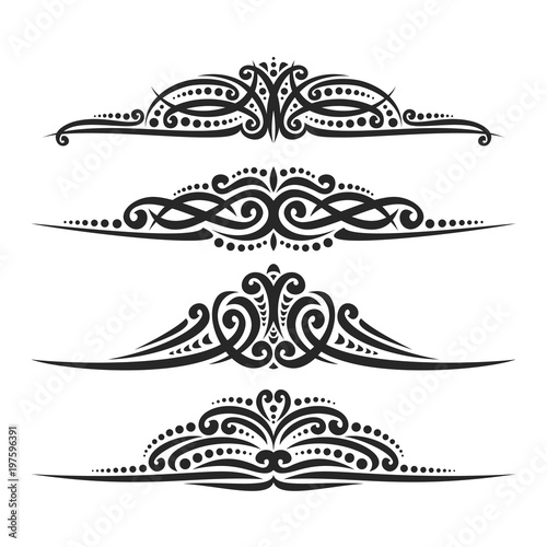Vector set of black page dividers for greeting text, 4 filigree separators of indian style for wedding title, design elements for create border, ornate decorations with flourishes ornament on white.