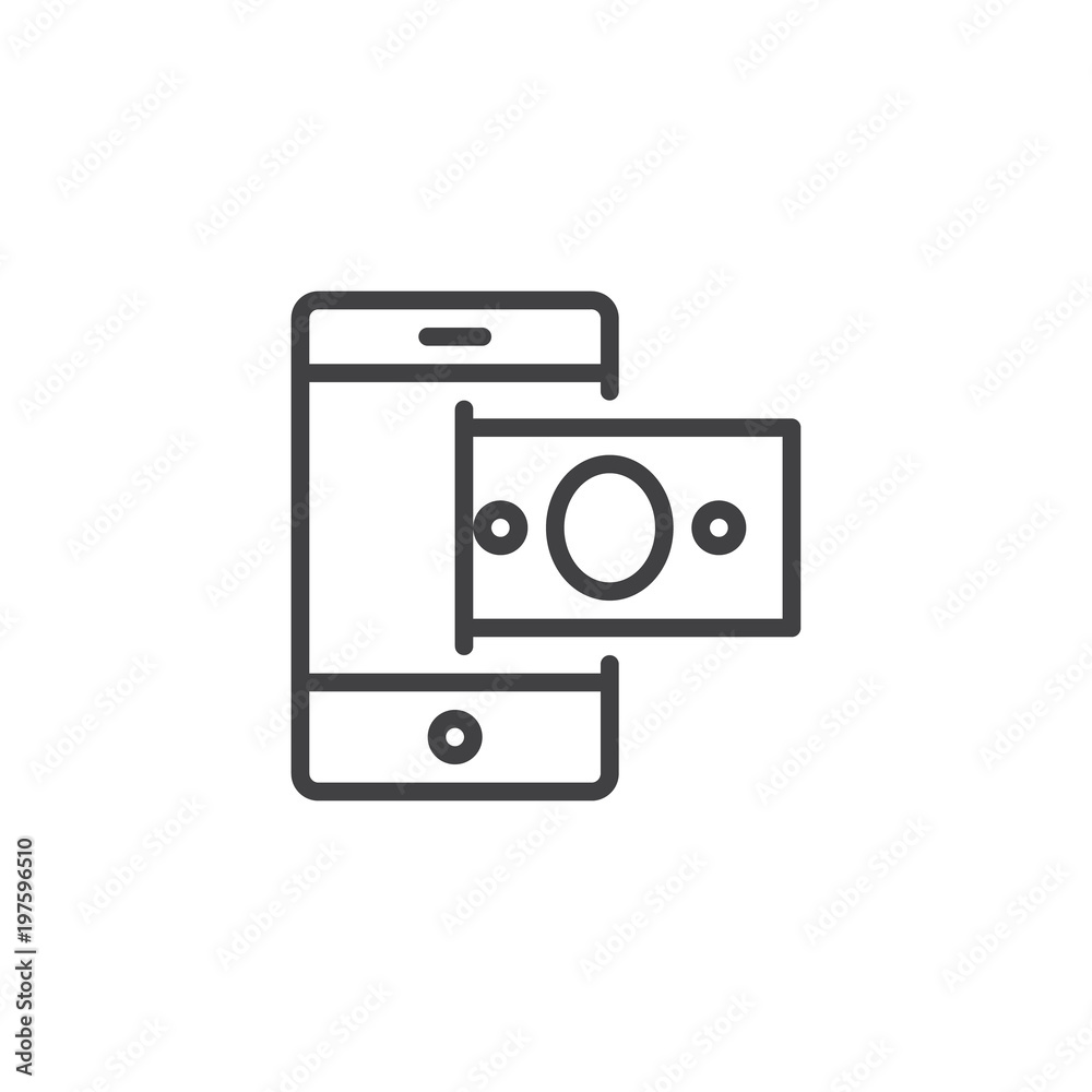 Mobile phone and money outline icon. linear style sign for mobile concept and web design. Mobile payment simple line vector icon. Symbol, logo illustration. Pixel perfect vector graphics Mobile phone and money outline icon. linear style sign for mobile concept and web design. Mobile payment simple line vector icon. Symbol, logo illustration. Pixel perfect vector graphics