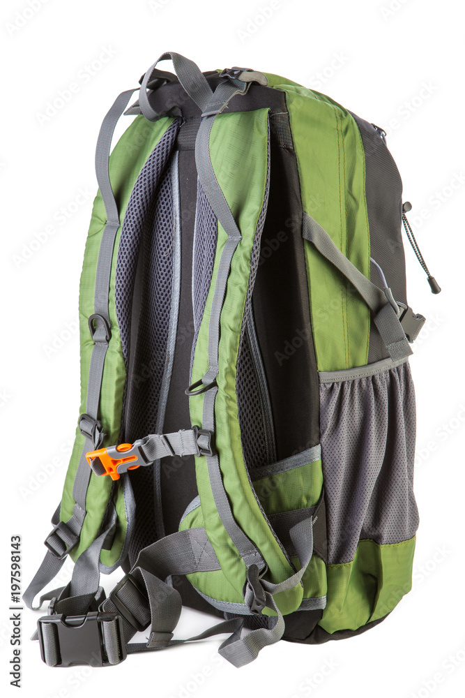 backpack of medium size, black with green on white background