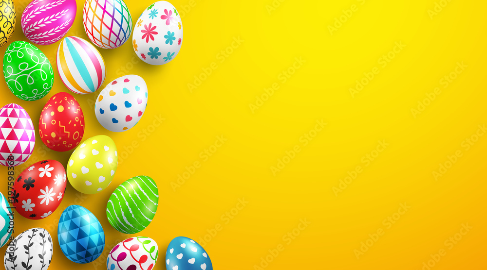 Easter Day banner background template with Colorful Painted Easter Eggs.Easter eggs with different texture on yellow background.Vector illustration EPS10
