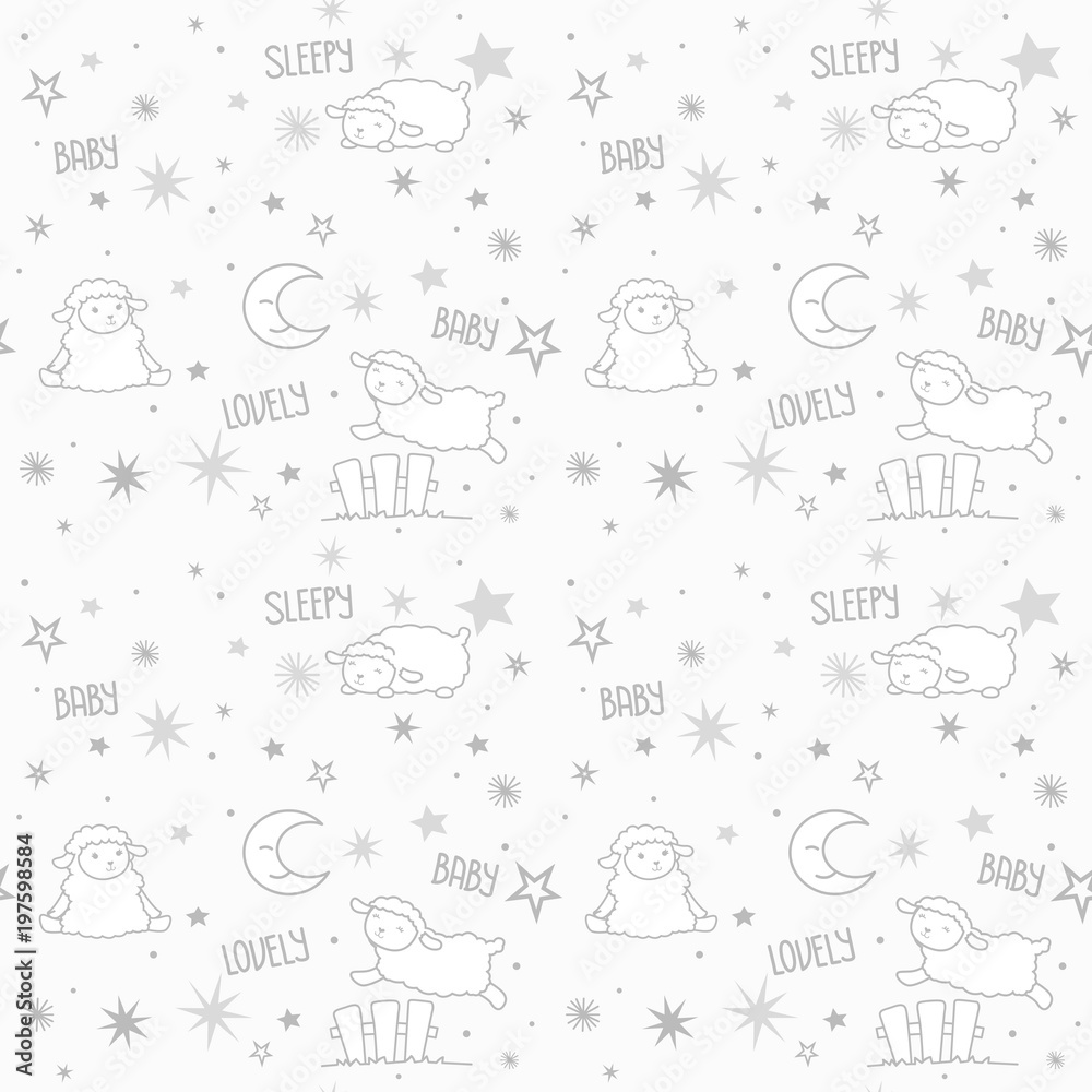 Cute Little White Kawaii Style Baby Sheep with Crescent Moon and Stars Dreamy Scene Sleepy Baby Gray and White Seamless Pattern Cute Little White Kawaii Style Baby Sheep with Crescent Moon and Stars Dreamy Scene Sleepy Baby Gray and White Seamless Pattern