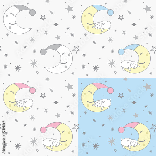 Cute Little Kawaii Style Sleepy Sheep Sleeping on Crescent Moon and Stars Light Colors Seamless Pattern Set