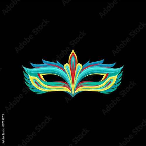 Masquerade party mask, turquoise and yellow carnival face accessory vector Illustration on a black background