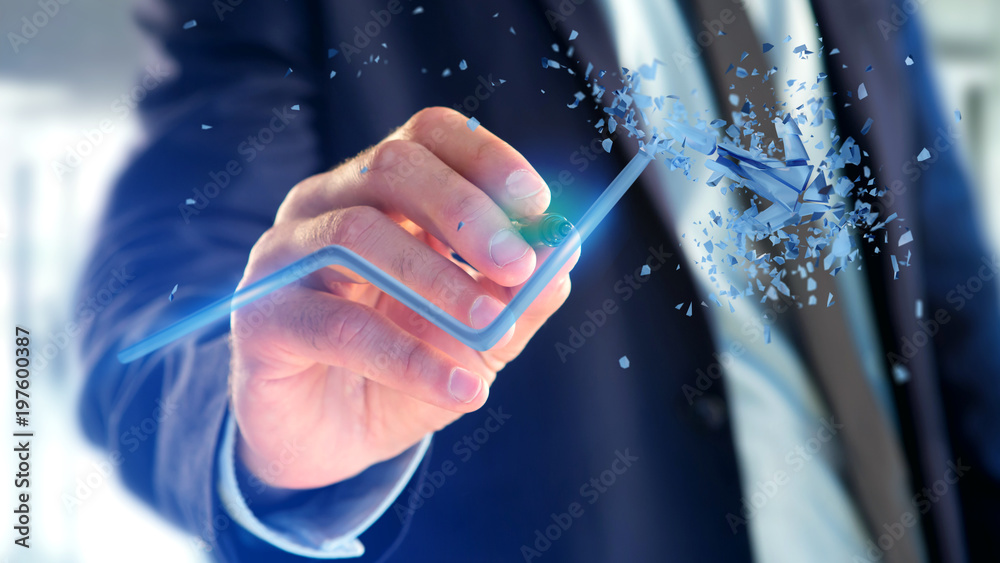 Businessman holding a Financial arrow going up and explosing at the end - 3d rendering