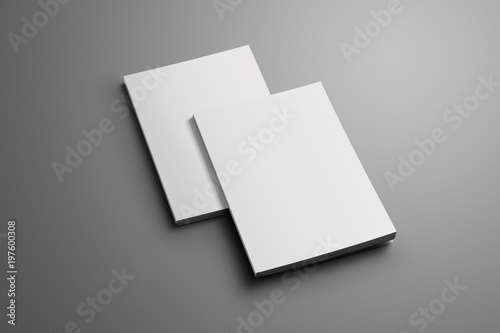 Two blank closed A4, (A5) brochures with soft shadows isolated on gray background. photo
