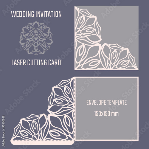 DIY laser cutting vector envelope. Wedding die cut invitation template. Cutout silhouette card. Scrapbook carved paperwork. Floral layout.