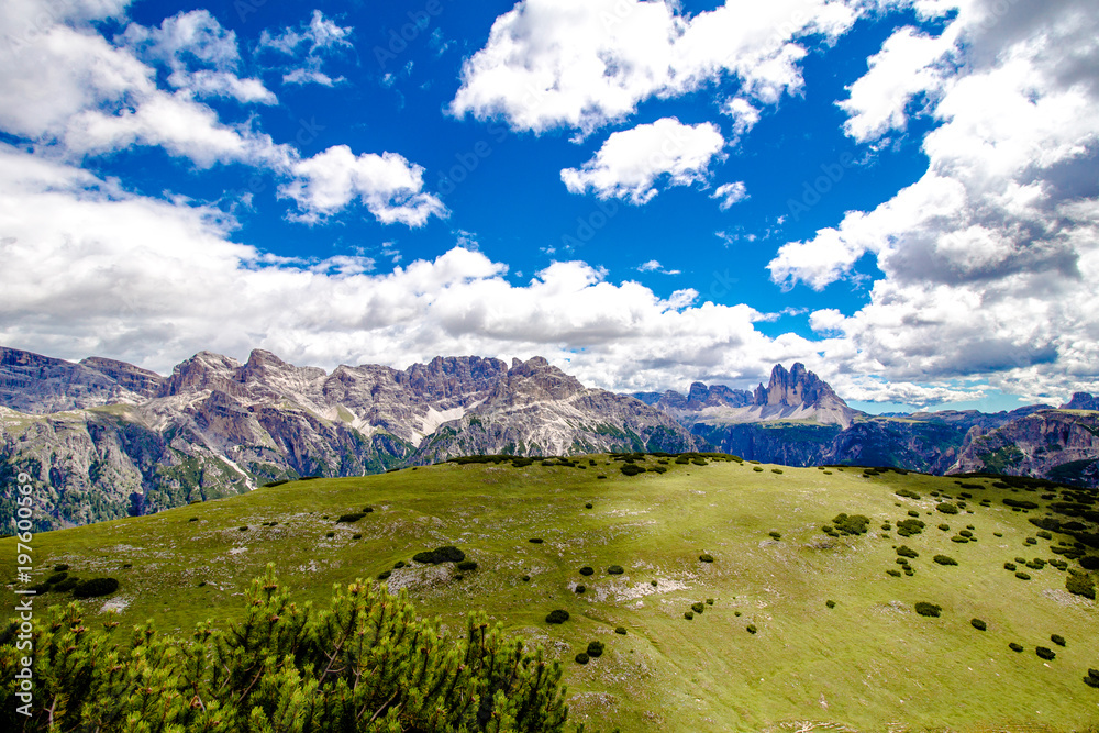 Dolomite landscape with the three peaks of lavaredo, italy
