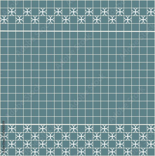 Tile decoration. Steal teal square tiles with decor. Interior design for kitchen, bathroom, toilet. Background pattern. Decor element.
