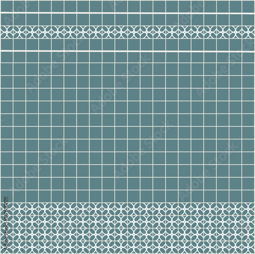 Tile decoration. Steal teal square tiles with decor. Interior design for kitchen, bathroom, toilet. Background pattern. Decor element.
