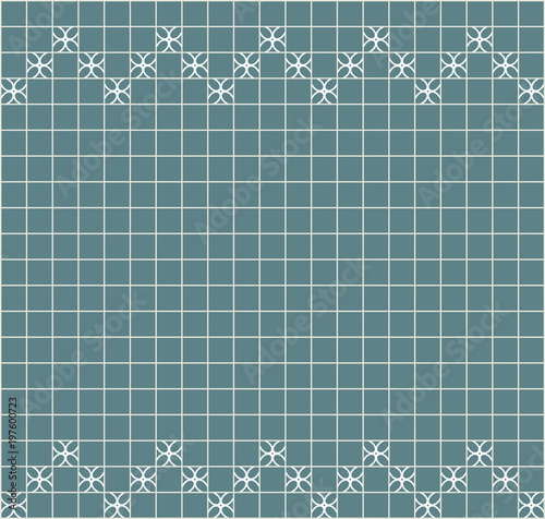 Tile decoration. Steal teal square tiles with decor. Interior design for kitchen, bathroom, toilet. Background pattern. Decor element.
