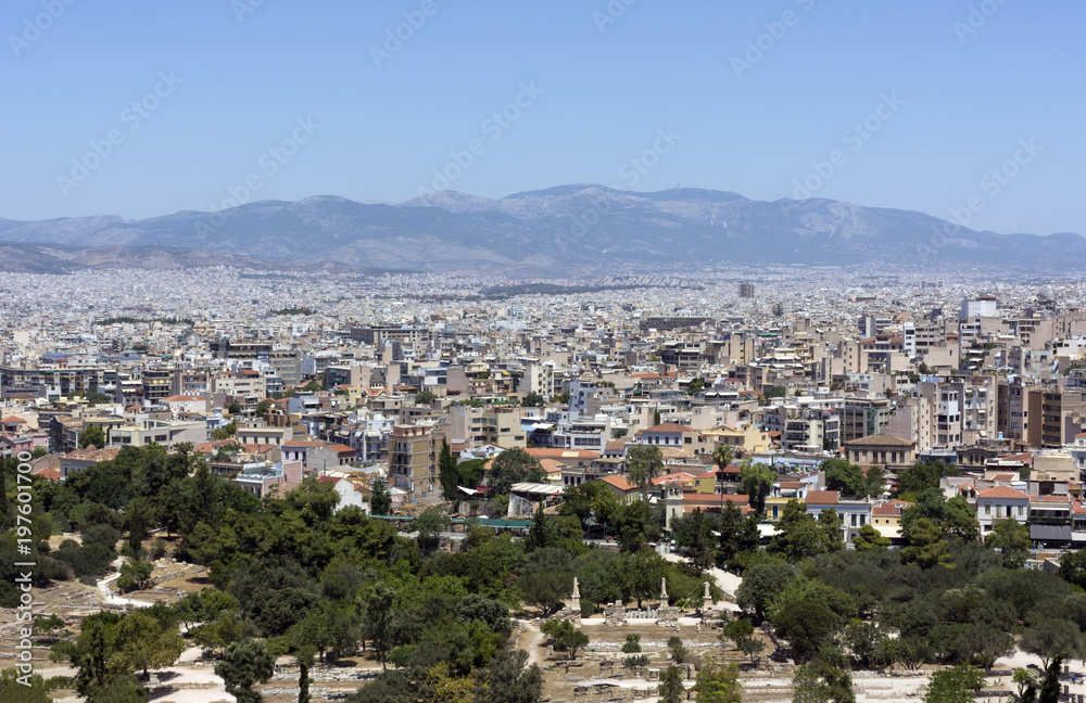 view of Athens and the mountains from above, cityscape, Greece