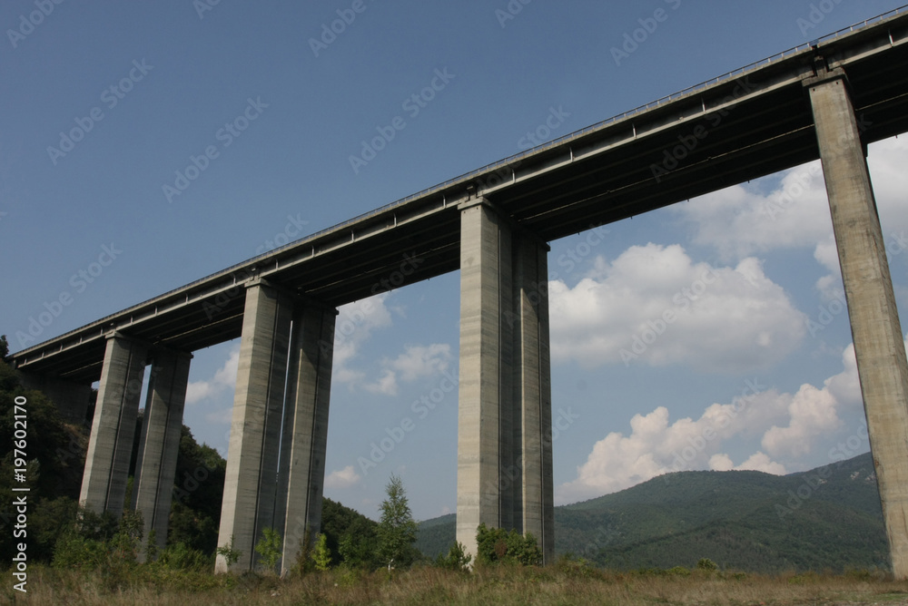 View under of Highway or Expressway overpass. Old construction highway. View under high bridge. 