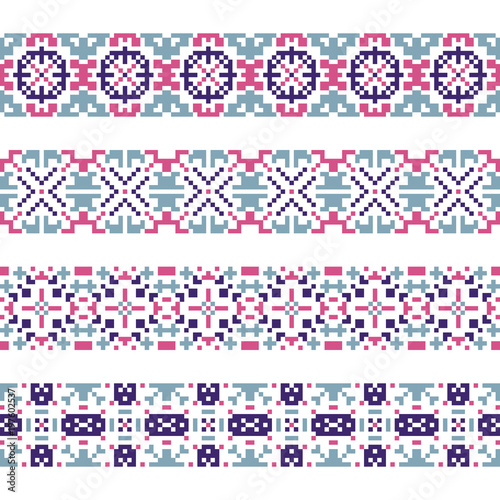 Set of 4 seamless borders in american indian style. Embroidery dotted schemes. Pixel navajo backgrounds. Textile geo prints.