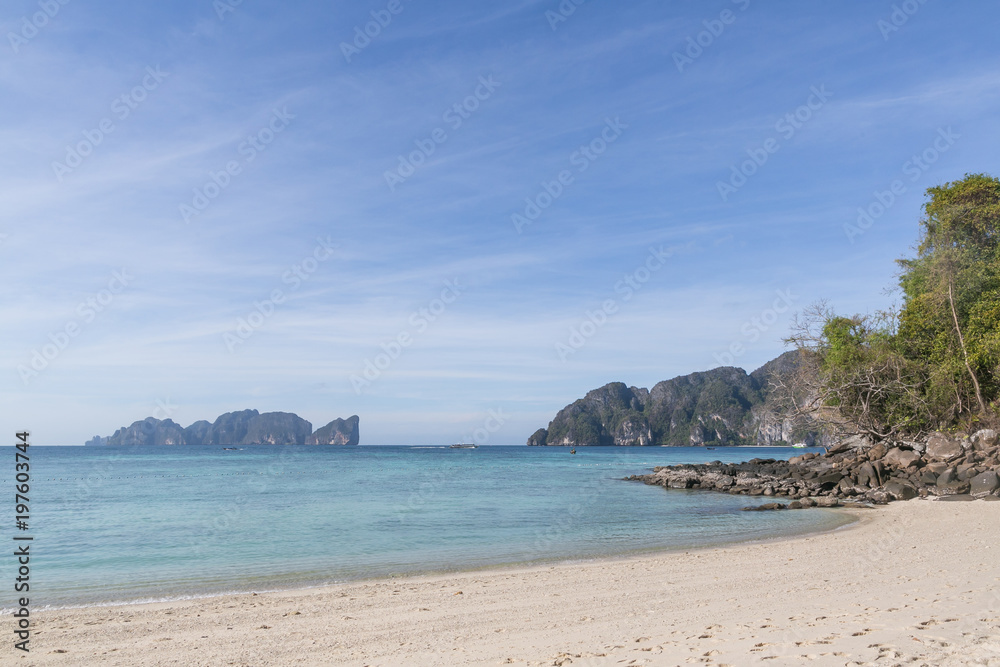 beautiful scenic view of clear blue sky and coastline, phi phi islands beautiful scenic view of clear blue sky and coastline, phi phi islands