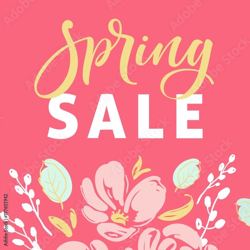 Spring sale banner template with blossom flowers and modern brush calligraphy for online shopping, vector illustration.