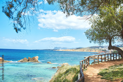 a path through a grove leading along the sea shore with a view to the sea