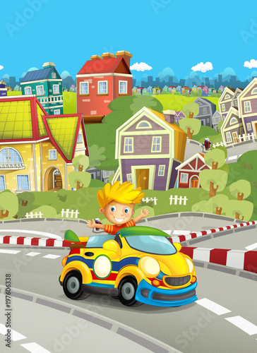 cartoon funny and happy looking child - boy in racing car on race track near the city - illustration for children