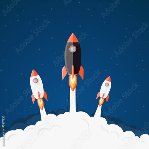 Rocket launching background. Spaceship take-off flat illustration