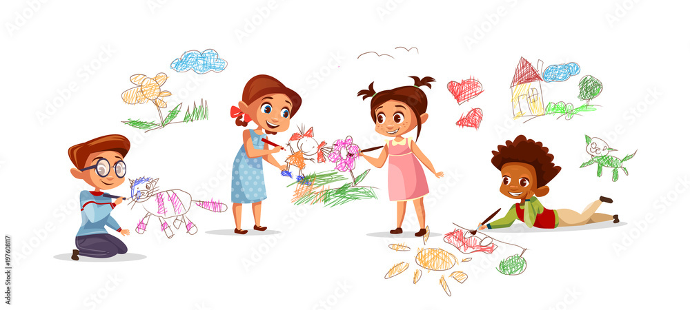 Children drawing pictures with chalk pencils vector illustration of cartoon kids kindergarten. Flat design boys and girls with color pencils draw sketch pictures on walls and floor Children drawing pictures with chalk pencils vector illustration of cartoon kids kindergarten. Flat design boys and girls with color pencils draw sketch pictures on walls and floor