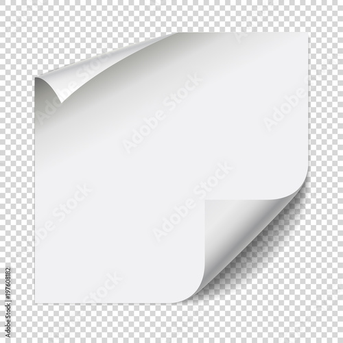 Sticker paper note. White sheet with curled corners and soft shadows isolated on transparent background. Vector illustration, eps 10.