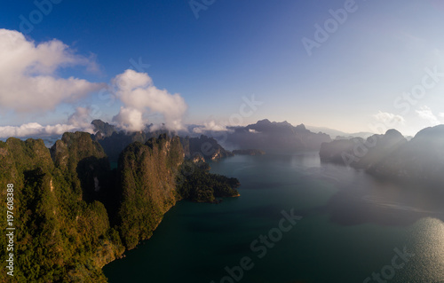 Aerial drone view of beautiful mountains and lake in Khao Sok National Park, Surat Thani, Thailand