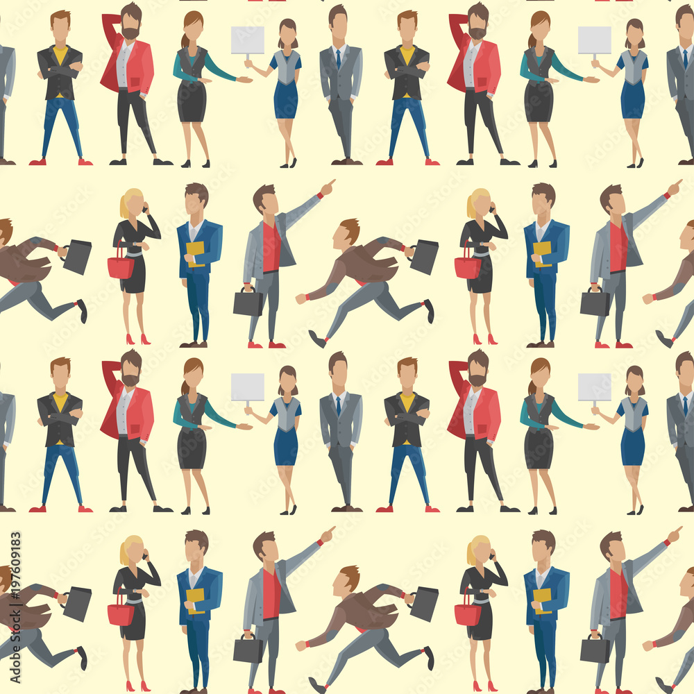 Fototapeta premium Business people man and woman full length professional portrait seamless pattern background community characters vector illustration.